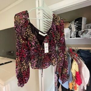 Astr Red Ruffled Long Sleeve Crop Blouse